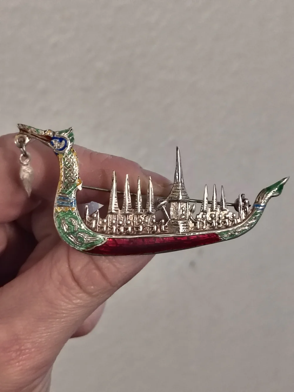 Vintage Siam Sterling Silver Thai Royal Dragon Boat Enamel Brooch Pin